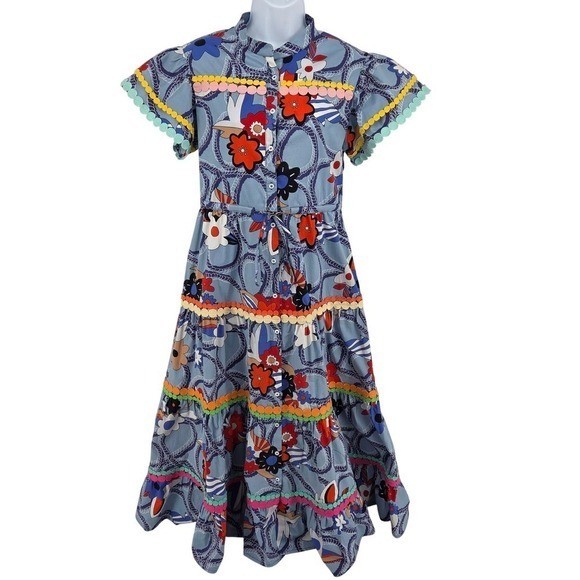 Celiab Blue Floral Tiered Midi Nixie Dress Pom Pom Trim Flutter Sleeve Medium